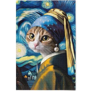 Imagem de Quebra-cabeça divertido de gato noite estrelada para adultos 1000 peças presentes de festa de elefante branco quebra-cabeças exclusivos para família brinquedo artístico, 75 cm x 50 cm