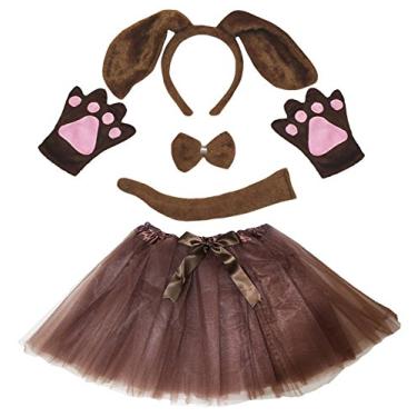 Imagem de Petitebella Tiara de cachorro de orelha longa com laço e luvas tutu 5 peças fantasia para meninas 1-8 anos (5-8 anos, marrom)