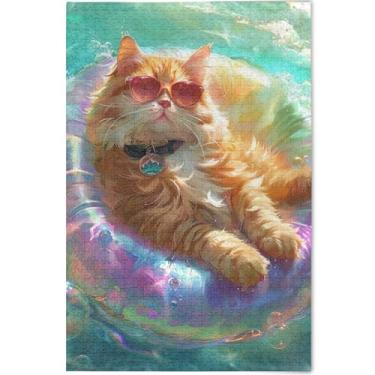 Imagem de Anel de natação de gato laranja 500 peças quebra-cabeças para adultos quebra-cabeça arte engraçada quebra-cabeças rígidos flor personalizada pintura animal, 52 cm x 37,8 cm