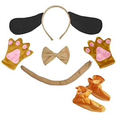Imagem de Petitebella Faixa de cabeça de cachorro com orelhas longas, luvas de cauda, 5 peças, fantasia infantil (tamanho único, cachorro)