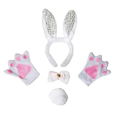 Imagem de Petitebella Tiara de coelho com orelhas de borboleta, luvas de cauda, 4 peças, fantasia 1-10 anos (branco/lantejoulas brancas, 1-5 anos)