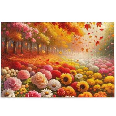 Imagem de Quebra-cabeça de flores personalizadas folhas de outono adulto 500 peças pintura de arte floral paisagem quebra-cabeça engraçado presentes de jogo de quebra-cabeça, 52 cm x 37,8 cm