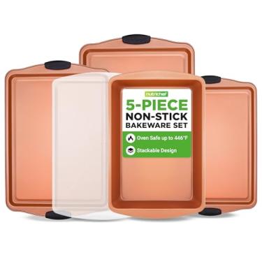 Imagem de NutriChef Conjunto de assadeiras de 5 peças – PFOA, PFOS, PTFE livre de PTFE, conjunto de utensílios de aço carbono antiaderente flexível - assadeira de cozinha doméstica assadeira assadeira empilhável conjunto de assadeiras com alças de silicone vermelho NC5PCS