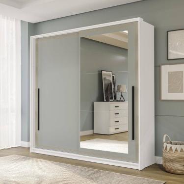 Imagem de Guarda Roupa Roupeiro 2 portas de correr 2 gavetas com Espelho Valência Branco Verde Politorno Móveis