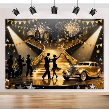 Imagem de Pano de fundo The Great Gatsby, 18 x 1,5 m, decorações de festa dos anos 20, cenários de festa Speakeasy anos 20, fundo de fotografia de dança vintage em ouro preto para aniversário e casamento