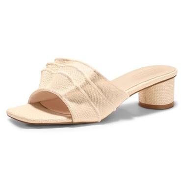 Imagem de Coutgo Sandálias femininas Raffia de salto baixo grossas quadradas bico aberto mules babados sem cadarço verão sapatos sociais, Raffia bege, 40