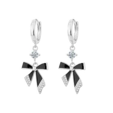 Imagem de Brincos pendentes femininos pretos e prateados modernos de borla geométrica com laço geométrico, hipoalergênico, leve, joia elegante, standard, Latão, Sem pedra preciosa