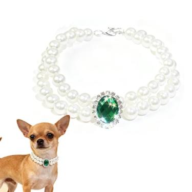 Imagem de Coleira para animais de estimação com contas de pérola e esmeralda – Colar fofo para cachorro/gato pequeno para chihuahua da Pomerânia, ideal para uso diário e adereços para fotos de animais de