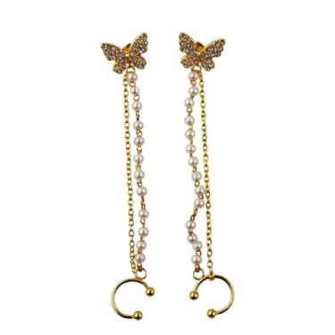 Imagem de Brincos banhados a ouro com zircônia cúbica incrustada na moda, design de borboleta, sem piercing, corrente de borla longa, joia presente para mulheres, 2inch, Liga de aço, Zircônia cúbica