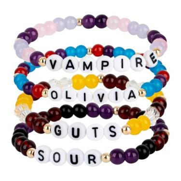 Imagem de KINFERTE Pulseiras inspiradas para presentes Olivia Rodrigo para concerto, conjunto com 4 unidades, empilháveis, elásticas, pulseiras da amizade, joias, presentes de aniversário para fãs e mulheres