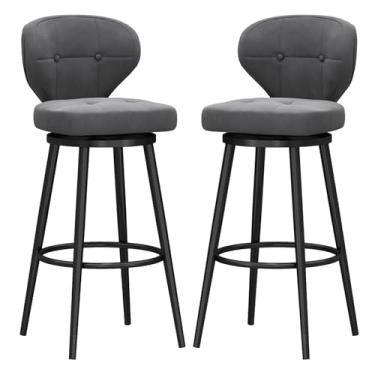Imagem de Banquetas de bar estofadas giratórias de veludo com apoio para os pés de metal, bancos de bar com altura giratória conjunto de 2, bancos de balcão com encosto, cadeira de bar moderna para ilha de