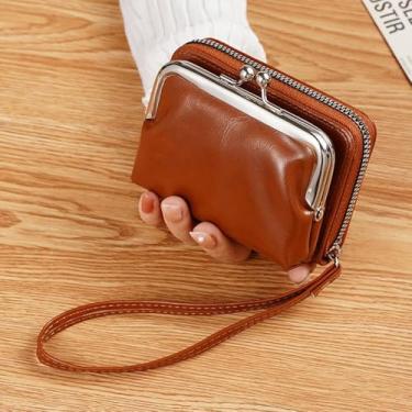 Imagem de Carteira feminina vintage com clipe de zíper | Bolsa de moedas fashion multicartão com ranhura transfronteiriça, Marrom-2, Tendência