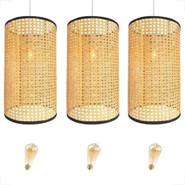 Imagem de Kit 3 Pendente Fibra Natural Palha Tela Indiana Nat84 + Led
