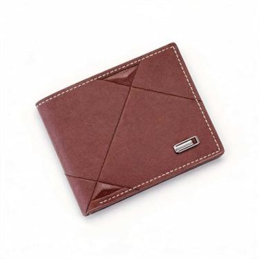 Imagem de Carteira masculina em couro sintético marrom com 4 compartimentos para cartão, 2 compartimentos para moedas e 1 janela transparente, ideal para presentear, Marrom, Dobra dupla