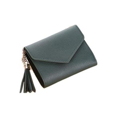 Imagem de Carteira curta feminina com pingente em forma de coração de borla - 4 compartimentos para cartões, 1 compartimento para foto, poliuretano leve de 70 g, 11,5 x 9 cm (cinza/verde/preto/rosa/vermelho