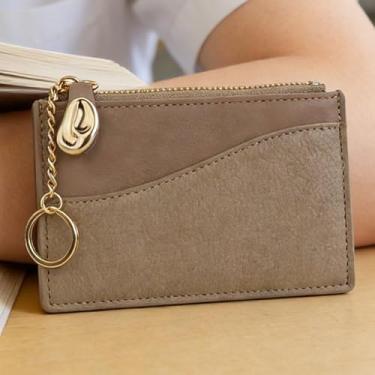 Imagem de Carteira pequena feminina, porta-cartões de poliuretano fino com corrente de metal, 3 compartimentos para cartões e compartimento para moedas, carteira minimalista com janela para identidade, Caqui