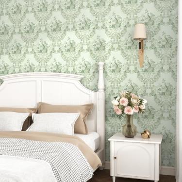 Imagem de EPPKILY Papel de parede floral verde descasque e cole papel de parede floral vintage para quarto, sala de estar, papel de contato de flores vitorianas autoadesivo à prova d'água para forro de armários