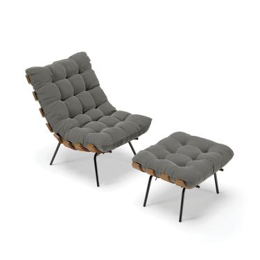 Imagem de Kit 01 Poltrona e 01 Puff Costela Suede Grafite Base Metálica Preto - D'Rossi