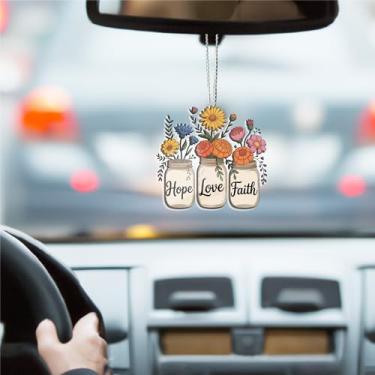 Imagem de Lindo enfeite para pendurar carro de flor, pingente de espelho retrovisor de carro plano 2D, acessórios de pingente interior automotivo para janela, mochila, chaveiro, árvore de Natal, presente, 8 x 8