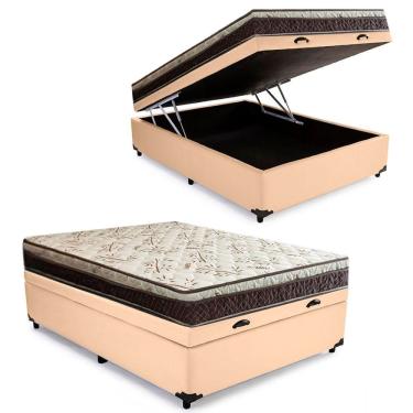 Imagem de Cama Box Baú Casal Blindado Sintético + Colchão Casal Espuma Extra Firme D33 Elegance Ortopédico 64x138x188 bege