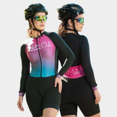 Imagem de Macaquinho de Ciclismo Feminino Forro Espuma Manga Longa Proteção Uv R