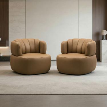Imagem de Kit 02 Poltronas Giratória Orgânica Para Sala Living Oceane L06 Couro Marrom Claro - Lyam Decor