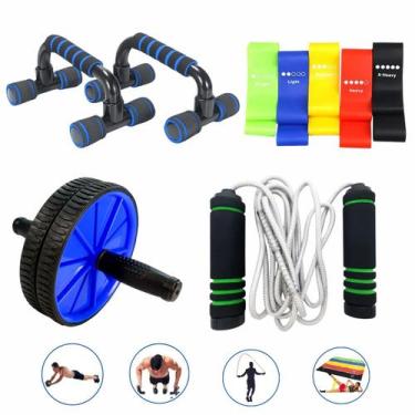 Imagem de Kit Ginastica Faixa Elástica + Barra Chão flexão + Corda + Roda Abdomi