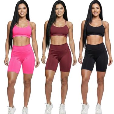 Imagem de KIT 3 Conjunto Top Alça Fina e Bermudinha Suplex Bella Fiore Roupa Para Academia Fitnes...