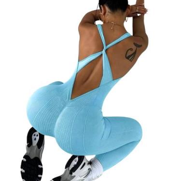 Imagem de Macacão Fitness Canelado Empina Bumbum Costas Decote em V Push Azul Ág