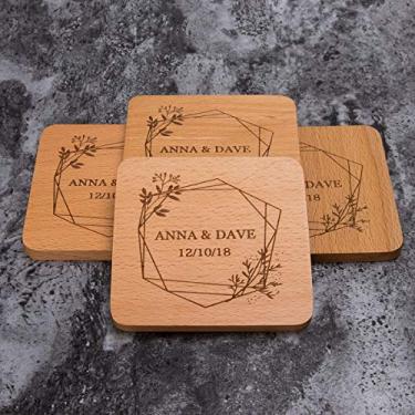 Imagem de Porta-copos de madeira de faia com monograma personalizado para bebidas – Presentes de casamento personalizados para presentes de chá de panela – Conjunto de porta-copos personalizado, #11 Names&Date Style, 12