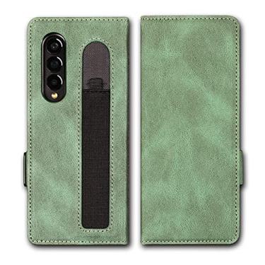 Imagem de Capa carteira para Samsung Galaxy Z Fold 3, [slot para caneta na parte de trás] Capa de telefone magnética com slot para cartão de couro PU compatível com Z Fold 3 5G 2021, verde