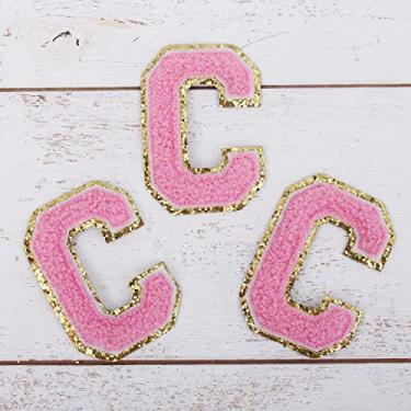 Imagem de Pacote com 3 adesivos de Chenille Iron On Glitter Varsity Letter 5 cm de altura - Tecido de chenille rosa com acabamento em glitter dourado - Costurar ou passar a ferro - 5 cm PNK C