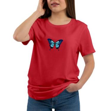 Imagem de Camiseta Feminina Borboleta Azul Gola Redonda Emoji Borboleta Algodão