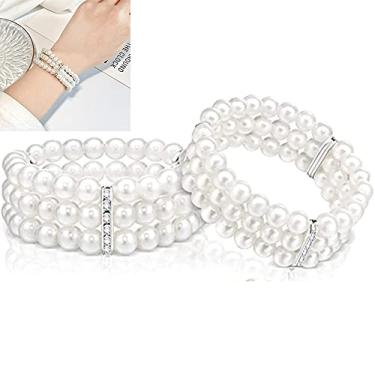 Imagem de Asphire Pulseira de pérolas vintage 2 peças, pulseira elástica de pérolas de 3 fileiras de várias camadas, joias de casamento para noivas, acessórios para fantasia de melindrosa dos anos 20 para mulheres, Pérola