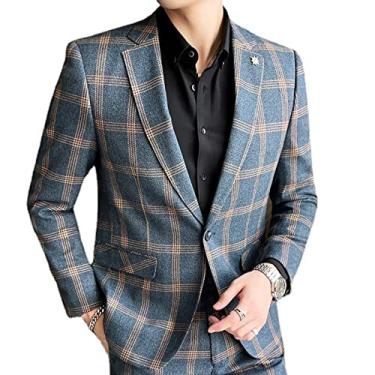 Imagem de Blazer masculino casual para festa de casamento cavalheiro xadrez slim terno jaqueta primavera casaco elegante um botão formal roupa de negócios, azul, G (busto: 96 cm)