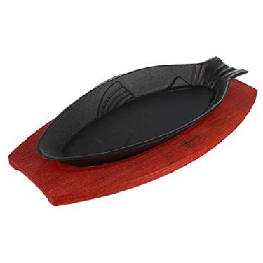 Imagem de Frigideiras de ferro fundido Frigideiras de ferro fundido Chapa de ferro fundido Travessa de bife de ferro fundido Prato de servir Sizzler com suporte de madeira Travessa escaldante para cozinha Frigi