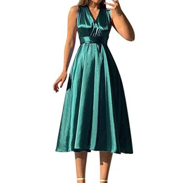 Imagem de UIFLQXX Vestido de coquetel feminino liso com decote em V, sexy, frente única, vestido de noite plus size, vestido maxi para noite, Verde, G