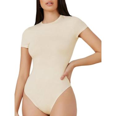 Imagem de MakeMeChic Modelador feminino sem costura controle de barriga gola redonda manga curta body sólido camisa tops, Bege, PP