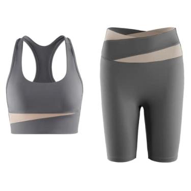 Imagem de RIDENEEY Conjunto de duas peças moda roupa de ioga linda parte de trás sutiã de ioga feminino exercício respirável sutiã esportivo leggings terno (café cinza, GG)