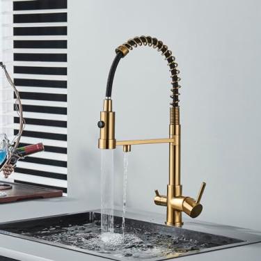 Imagem de Filtro de água da cozinha torneira dupla bico filtro misturador de água potável rotação purificação de água recurso torneiras de cozinha, escova ouro, 1