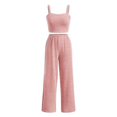 Imagem de SOLY HUX Blusa cropped feminina de malha canelada sem mangas e calça de perna larga, 2 peças, Rosa coral liso, 10 Anos