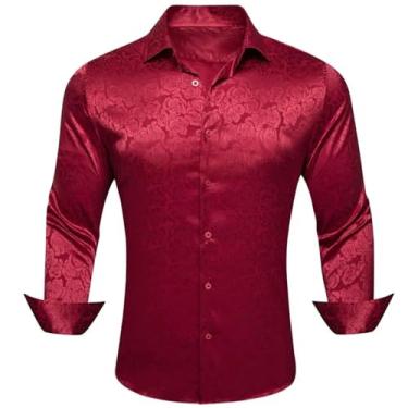 Imagem de Camisas masculinas de seda manga longa flor vermelha slim fit masculina blusa casual formal streetwear respirável, 0665, G