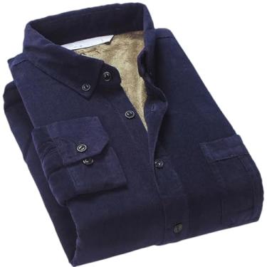 Imagem de Camisa masculina de algodão veludo cotelê quente inverno forro grosso de lã térmica manga comprida camisas masculinas, Azul marino, M