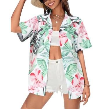 Imagem de Camiseta feminina havaiana macia com estampa floral, gola V, manga curta, tropical, botões, Flores brancas, XXG