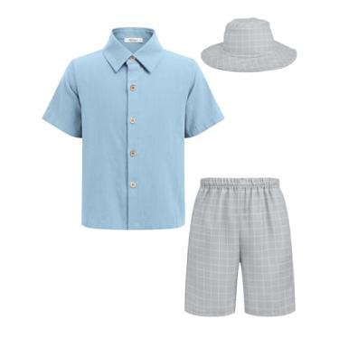 Imagem de Arshiner Conjuntos curtos de algodão e linho para meninos, camisa de manga curta e shorts com chapéu balde roupas de praia de verão, Azul - Xadrez cinza, 14