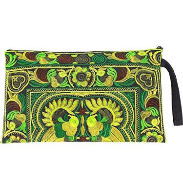 Imagem de Sabai Jai - Bolsa clutch bordada com alça de pulso - Bolsas e bolsas grandes Boho, Verde, Large
