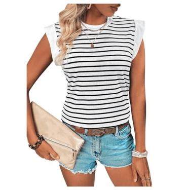 Imagem de SweatyRocks Camiseta feminina listrada de manga cavada, gola redonda, malha canelada, Preto e branco, P