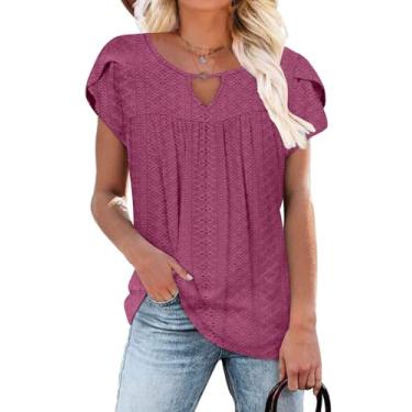 Imagem de Halife Camisetas femininas pétalas de manga curta fofas blusas de verão plissadas com orifício de chave soltas, rosa, G