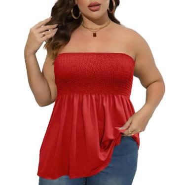 Imagem de Comeon Blusa feminina plus size, plissada, sem alças, ombro de fora, túnica sexy de verão, regata macia e casual, Plus Size vermelho, 2X