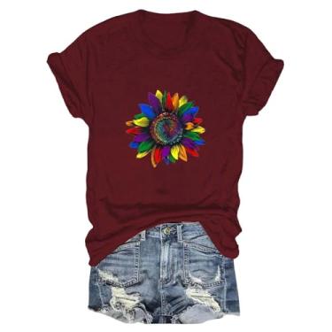 Imagem de Camiseta feminina com estampa de girassol, manga curta, gola redonda, caimento solto, camiseta de treino de verão, Vinho, GG